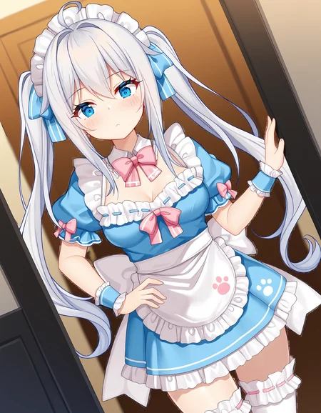 masterpiece, best quality, amazing quality, ultra detail, good anatomy, good hand,
BREAK <lora:hagiwara-michiru Imokone - todoketai koigokoro(MitsuYukiTyakai)-illustrious:0.7> hagiwara-michiru. white hair, long hair, medium breasts, blue eyes, ahoge, twintails, hairbow,
BREAK outfit06, maid dress, maid headdress, sky blue maid dress, short dress, frilled dress, ribbon dress, short sleeves, puffy sleeves, ribbon sleeves, pink ribbon, wrist cuffs, detached collar, bowtie, paw print, apron, white apron, waist apron, frilled apron, back ribbon apron, thighhighs, white thighhighs, frilled thighhighs, cleavage cutline, zettai ryouiki,
BREAK dynamic angle, 1girl, posing, in room,