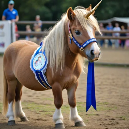Small brown pony, blonde mane, (unicorn horn), blue sash saying "LI'L SEBASTIAN", fair ground, profile, full shot