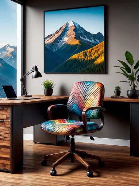 colorful madmze office chair and wooden desk in an expensive office, photograph of a mountain on the wall <lora:Colorful_Maze_Pattern_SDXL:1>, masterpiece, best quality, ultra high res, (photorealistic, realistic:1.2), deep shadow, raw photo, film grain, Fujifilm XT3, 8k uhd, dslr
