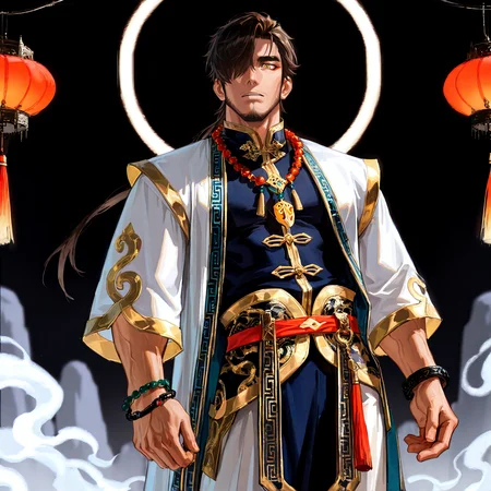 <lora:Chao__Alchemist_Code-000003:.7>,tagatamechao, 1boy, dark brown hair, middle hair, see-through eye, hair over one eye, yellow eyes, eyeliner, solo, male focus, manly, mature male, bara, muscle body, robe, tangzhuang, no sleeves, gold trim, necklace, bracelet, tassel, pants, toeless footwear,
cowboy shot, 
(very short hair, beard, bara, mature, facial hair, stubble, beard, full beard, sideburn, beard, a lot of beard, ), facial hair,male focus, muscular male, muscular male, bara, mature,  bara, mature, aixiwuganda_(20222192), very awa, masterpiece, best quality, absurdres, newest, perfect quality, detailed background, intricate details,
<lora:slider_Body Type_alpha1.0_rank4_noxattn_last:3><lora:Anime Summer Days 2 Style SDXL_LoRA_Pony Diffusion V6 XL:.6><lora:slider_cfg_scale_boost:.7><lora:Artist6p:.55>, Artist6p, Artist04p,<lora:slider_il_brightness_slider_d1:-1><lora:slider_il_contrast_slider_d1:-1><lora:slider_DarkSlider1.2_alpha1.0_rank16_full_300steps:-.6><lora:slider_contract_controller_illus01_v1:.5>,