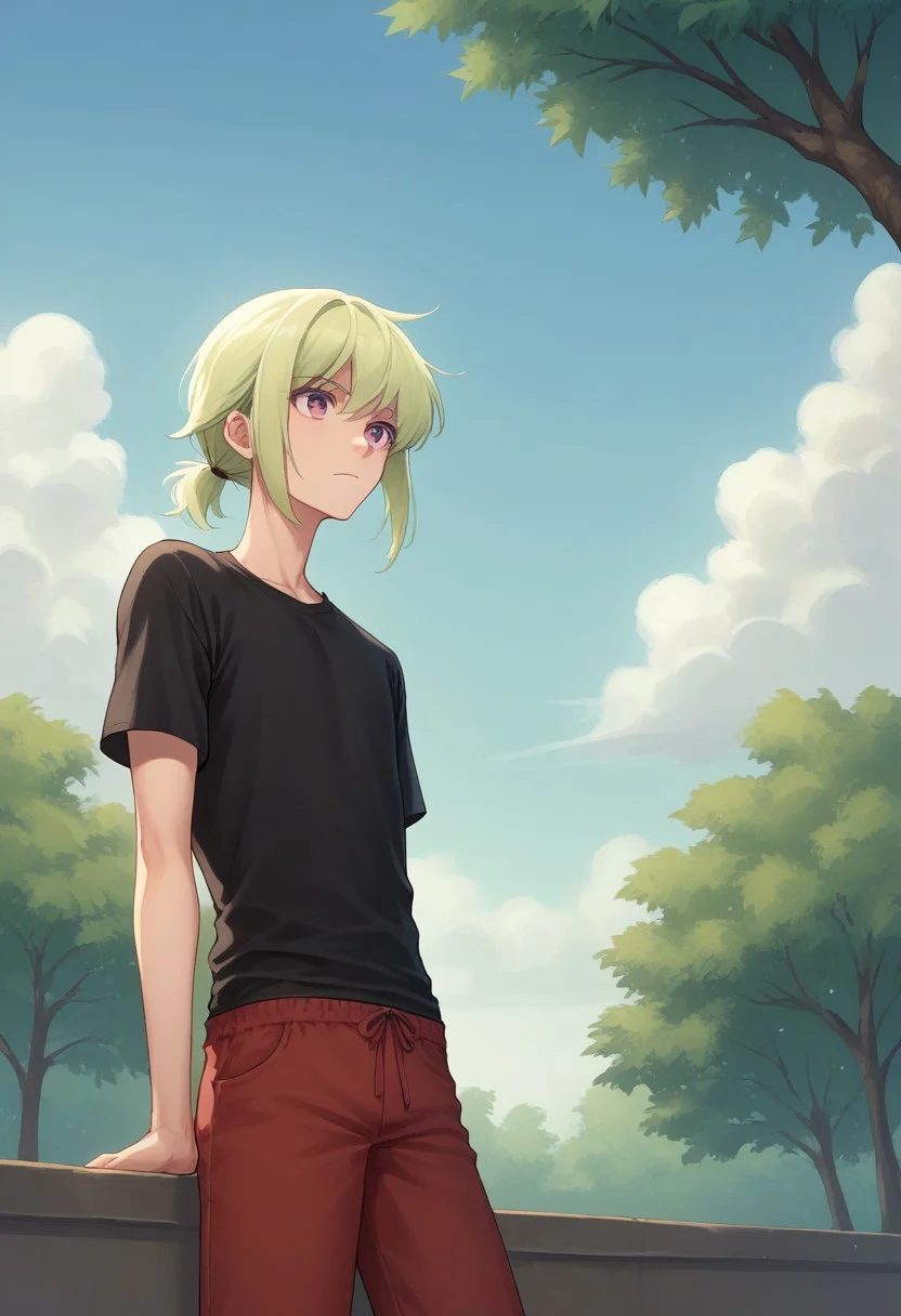 score_9, score_8_up, score_7_up, source_anime, highly detailed,
lio, 1boy, male focus, solo, green hair, red pants, shirt, purple eyes,
pants, t-shirt, black shirt, androgynous, short ponytail, sidelocks,
day, blue sky, tree, clouds,