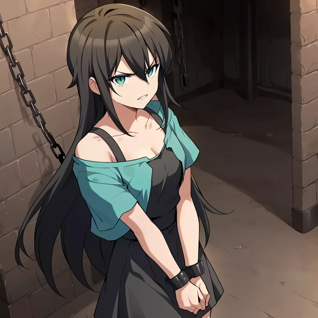 1girl, solo, rurin, long hair, black hair, dress, green jacket, open shirt, aqua eyes, slit pupils, hair between eyes, collarbone, short sleeves, bangs, black dress, black tank top, looking at viewer, small breasts, hips, thighs, cleavage, bare shoulders, (bound wrists:1.2), (chained wrists:1.2), (own hands together:1.2), arms down, bound, cuffs, glaring, clenched teeth, standing,  facing viewer, 
score_9, score_8_up, score_7_up, masterpiece,
<lora:Rurin_r1:0.8>