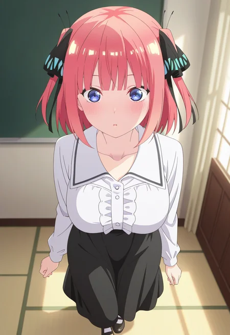 newest, masterpiece, best quality, 4k,
indoors,  very aesthetic, detailed background, full body,
1girl, solo,  <lora:Nino Nakano:1> nino,short hair, bangs, blue eyes, hair ornament, hair ribbon, pink hair, blunt bangs, two side up, butterfly hair ornament,large breasts, collared blouse, white blouse, long sleeves, frills, long skirt, black skirt, collarbone