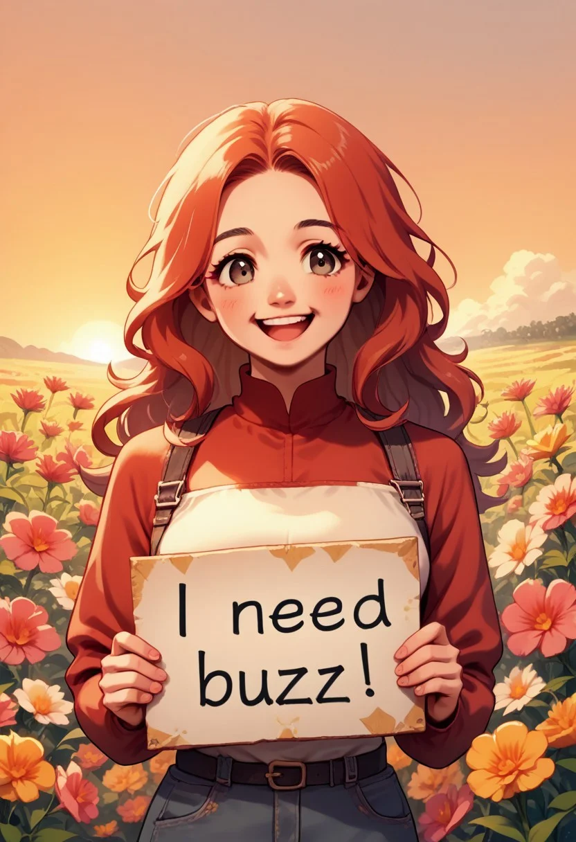 score_10, score_9, score_8, score_7_up, need_buzz, holding sign, source_anime, 1girl, red long hair, happy, ;P. <lora:Cleavage Slider_alpha1.0_rank4_noxattn_last:3>, upper body, medium breasts, sunset, flowers background,