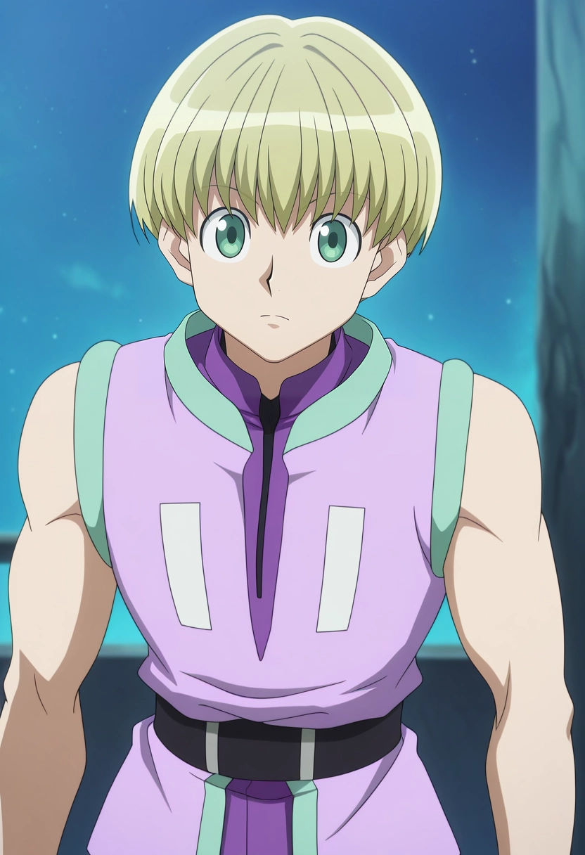 masterpiece, best quality, , anime screencap, , official style, looking at viewer, 1boy, solo, male focus, <lora:shalnark_ryuseih_ilxl:0.94>, shalnark_ryuseih, blonde hair, green eyes, short hair, bangs, sleeveless, purple shirt, purple pants,