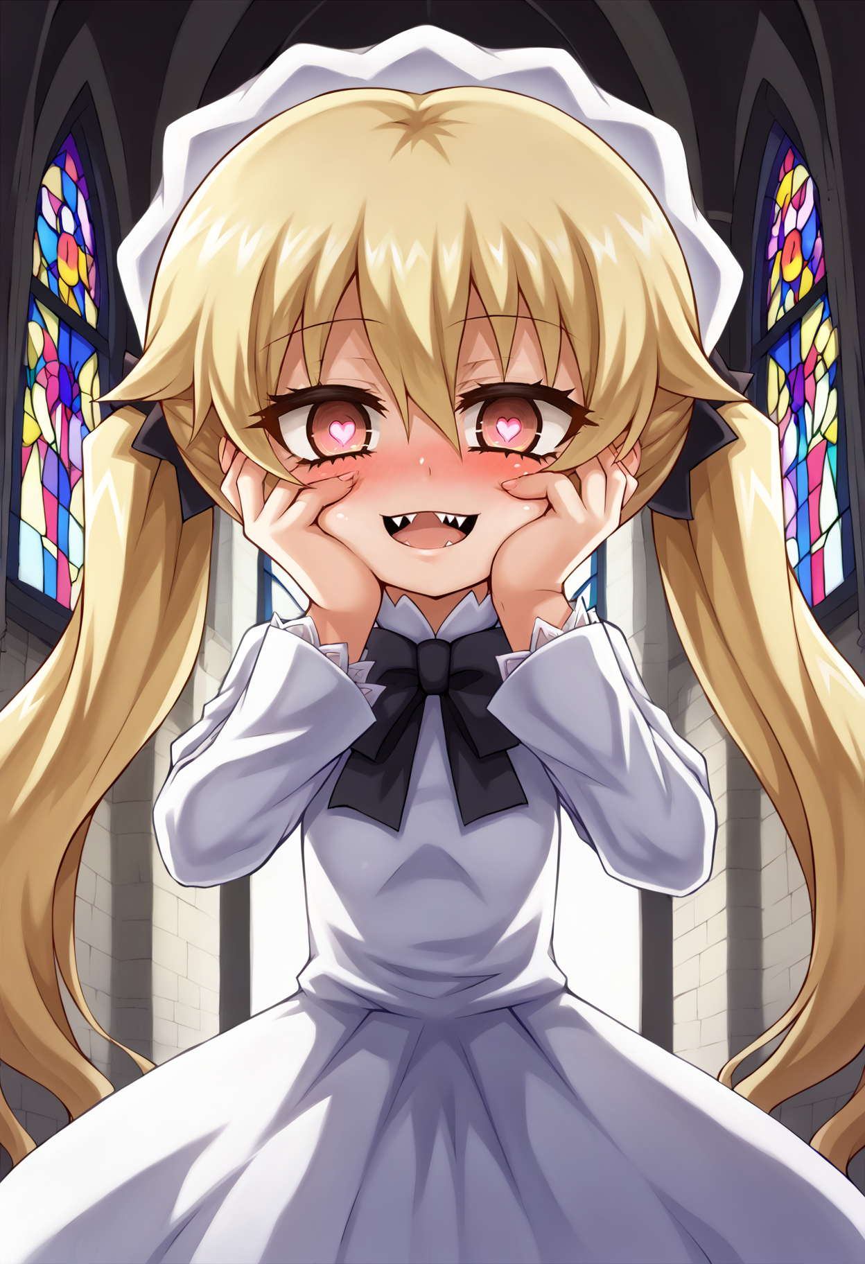 score_9, score_7_up,  source_anime, uncensored, zPDXLxxx, <lora:intricate_details:0.5> intricate_details_xl, gradient background, indoors, church, flower background, cowboy shot, face focus, close-up <lora:Alexi-v1-PDXL:1>
1girl, solo, li, blonde hair, twintails, very long hair, hair between eyes, crazy eyes, heart-shaped pupils, looking at viewer, wedding dress
<lora:Yandere_Expression_v1.0:0.5> Yandere trance, hands on own face, hands on own cheeks, fingernails, skin fang, sharp teeth