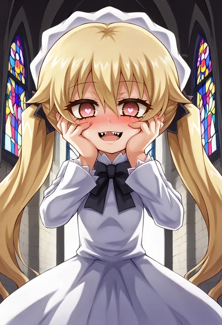 score_9, score_7_up, source_anime, uncensored, zPDXLxxx, <lora:intricate_details:0.5> intricate_details_xl, gradient background, indoors, church, flower background, cowboy shot, face focus, close-up <lora:Alexi-v1-PDXL:1>
1girl, solo, li, blonde hair, twintails, very long hair, hair between eyes, crazy eyes, heart-shaped pupils, looking at viewer, wedding dress
<lora:Yandere_Expression_v1.0:0.5> Yandere trance, hands on own face, hands on own cheeks, fingernails, skin fang, sharp teeth