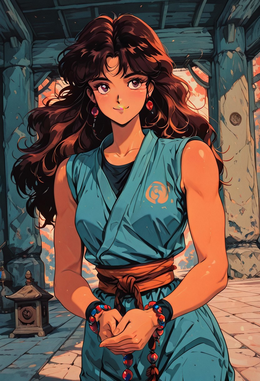 masterpiece, best quality, good quality, very aesthetic, absurdres, newest, pinkretroanime, retro art, in the style of cksc, JeddtlIL, dynamic angle, 1girl, detailed eyes, solo, monk, athletic, spiritual warrior, sleeveless gi, happy smile, prayer beads, training, serene training grounds, warm color palette