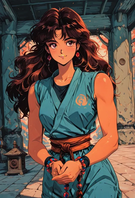 masterpiece, best quality, good quality, very aesthetic, absurdres, newest, pinkretroanime, retro art, in the style of cksc, JeddtlIL, dynamic angle, 1girl, detailed eyes, solo, monk, athletic, spiritual warrior, sleeveless gi, happy smile, prayer beads, training, serene training grounds, warm color palette
