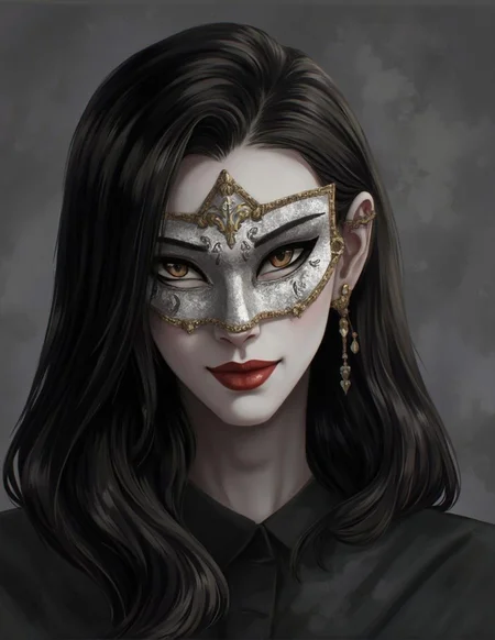<lora:ck-LttleGhost-000011.safetensors:1> in the style of ck-lttlegh0stA woman's face dominates this close-up portrait, shrouded in mystery by a vintage silver and gold masquerade mask that conceals her eyes. Her long black hair flows down her cheeks, contrasting with her pale skin. A soft gray background and smoky filter enhance the sense of sophistication. Red-painted lips curve into an enigmatic smile as she gazes directly at the viewer, her secrets locked away behind the ornate mask. The composition is formal, every detail deliberate and weighted with significance.