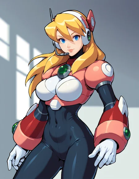 score_9, score_8_up, score_7_up, 2D, alia (mega man), 1girl, solo, long hair, breasts, blue eyes, blonde hair, gloves, white gloves, headset, android, robot ears, indoors, military base, command center, blurred background, dof <lora:AliaSDXL:0.8>