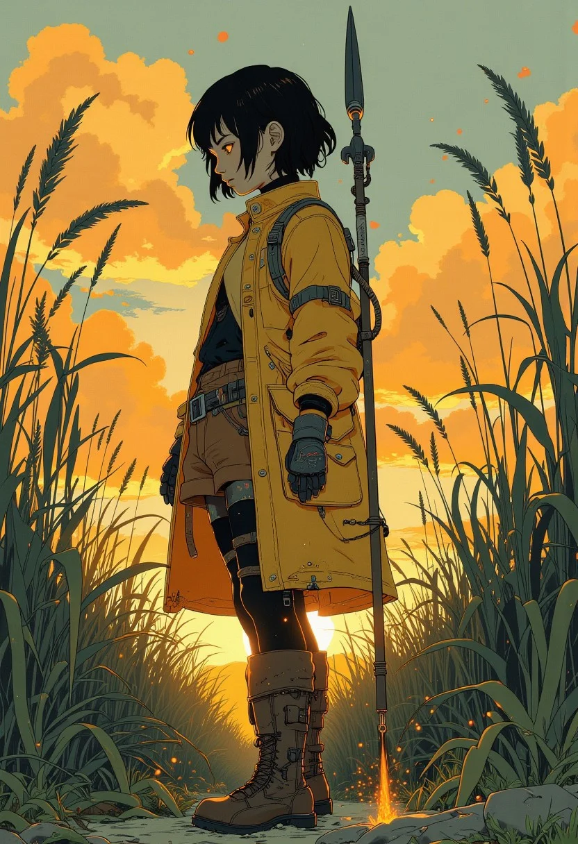 a breathtaking and atmospheric digital artwork depicting a lone young magical girl standing amidst tall, swaying reeds at sunset. The figure is wearing a tattered yellow steampunk dress, brown shorts, mustard coat, utility belt, brown boots, black undershirt, black tights.
The girl's face despair is partially obscured by shadows, their expression calm and introspective, with a golden light illuminating the edges of their face and hair. Their dark hair short and messy, adding a modern and refined touch to their appearance.
The background features a soft, glowing sunset casting warm, golden hues across the scene, with light filtering through the reeds. The contrast between the warm light and the cool tones of the warrior's attire creates a serene yet melancholic atmosphere. She holds a steampunk magic spear..
The composition emphasizes the solitary figure, blending fantasy and realism with a painterly style that focuses on light, shadow, and texture. Tiny glowing embers and subtle golden flecks float through the air, adding a magical and dreamlike quality to the scene.