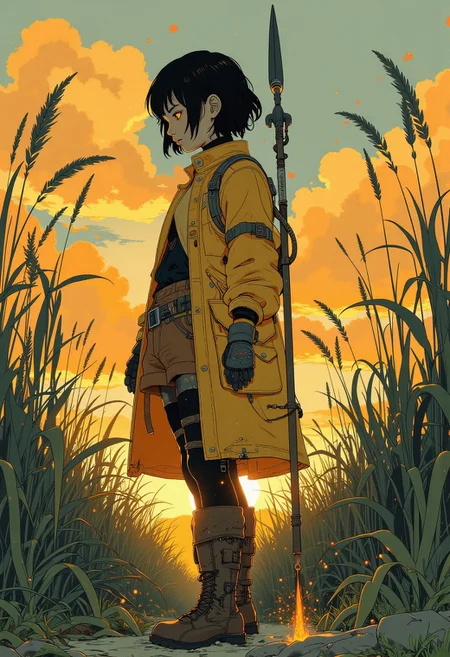 a breathtaking and atmospheric digital artwork depicting a lone young magical girl standing amidst tall, swaying reeds at sunset. The figure is wearing a tattered yellow steampunk dress, brown shorts, mustard coat, utility belt, brown boots, black undershirt, black tights.
The girl's face despair is partially obscured by shadows, their expression calm and introspective, with a golden light illuminating the edges of their face and hair. Their dark hair short and messy, adding a modern and refined touch to their appearance.
The background features a soft, glowing sunset casting warm, golden hues across the scene, with light filtering through the reeds. The contrast between the warm light and the cool tones of the warrior's attire creates a serene yet melancholic atmosphere. She holds a steampunk magic spear..
The composition emphasizes the solitary figure, blending fantasy and realism with a painterly style that focuses on light, shadow, and texture. Tiny glowing embers and subtle golden flecks float through the air, adding a magical and dreamlike quality to the scene.