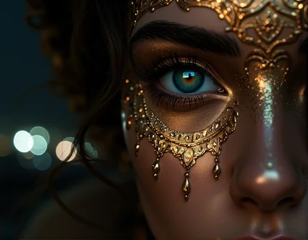 . A stunning close-up of a woman's eye surrounded by intricate gold makeup, highlighted by moody lighting, with a faint reflection of city lights in the background., <lora:bv-close-up-enhancer.safetensors:1.0:1.0>
