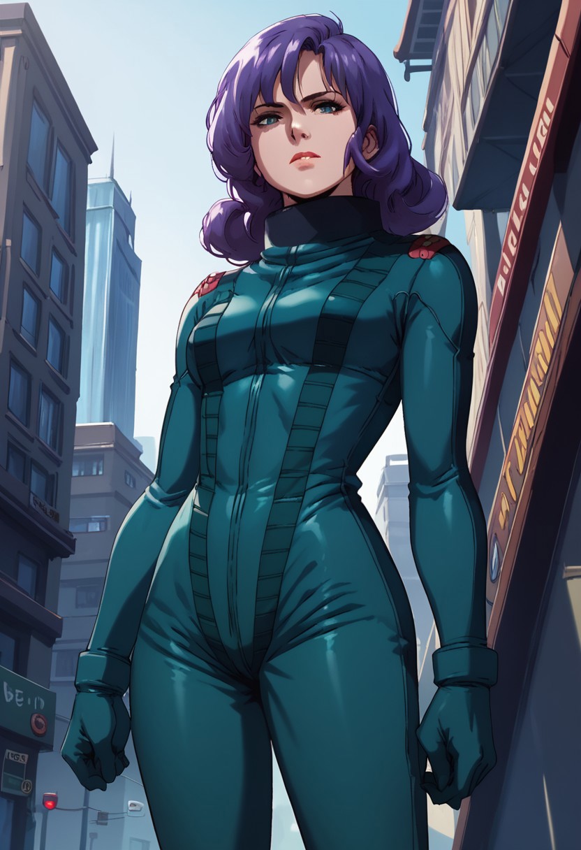 score_9, score_8_up, score_7_up,best quality,rosamia badam, purple hair, 1girl, pilotsuit, gloves, solo,city view, street view