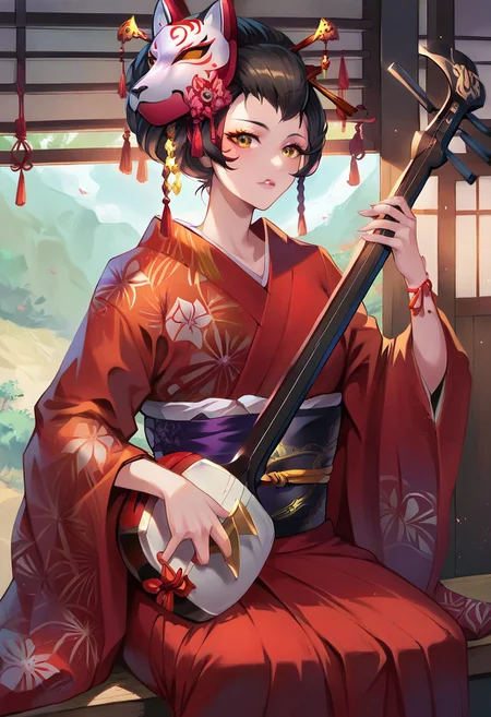 score_9, score_8_up, score_7_up, score_6_up, score_5_up, colourful, 8k, detailed face, 1girl, solo, sh4m1s3n, instrument, plectrum, holding instrument, playing instrument, holding plectrum, black hair, hair ornament, japanese clothes, kimono, japanese room, white fox mask,