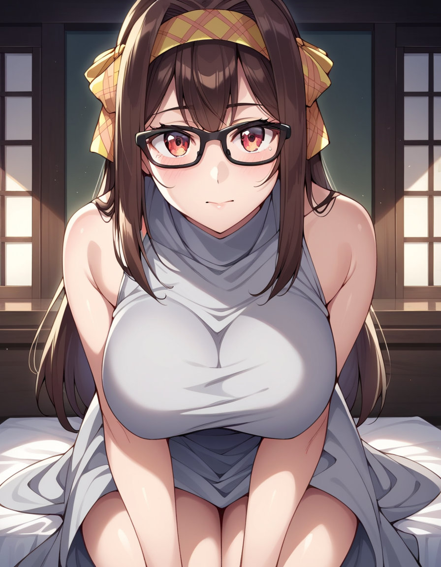score_9, score_8_up, score_7_up, source_anime, uncensored, <lora:StS_detail_slider_v1:3>, zPDXLxxx, <lora:Yona_Ichogi_PONYXL_VexVexX:1>, YonaIchogi, red eyes, brown hair, long hair, ribbon, hair ribbon, hairband, glasses, black-framed eyewear, medium-large breasts, dress, grey dress, bare shoulders, cowboy shot, bedroom, from back, Sitting on a step with legs stretched out and slightly apart, leaning forward with hands resting on thighs, thighs, looking at viewer