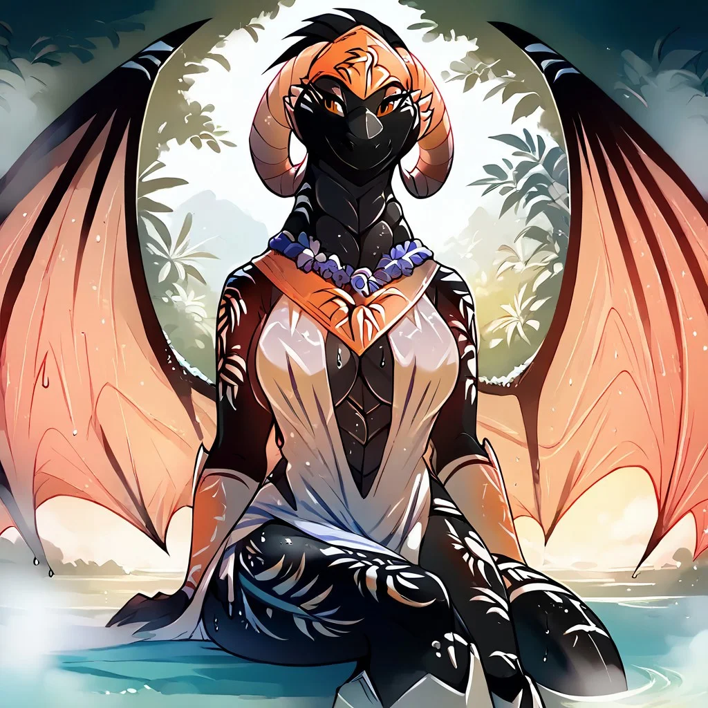 <lora:Reni-Twokinds-SDXL-AnonTK-V3:0.8>
score_9, score_8_up, score_7_up, source_furry, masterpiece, best quality, good quality, highly detailed body, absurdres, perfect body, perfect eyes, Expressiveh, detailed background, jungle, deep woods, rays of sun, 1 girl, solo female anthro dragon, perfect hands, reni-twokinds, (wet,) (wearing a fully covered knight suit complete with a silver knight body armor, silver knights breastplate, knight greaves, knight boots and a red cape. (dragon wings :1.2). wearing a knights helmet, fully covered body, wearing a breastplate, female breasts, tribal markings,
Her medium-length hair cascades down her back,
body is facing straight at the camera looking directly at the viewer, (center view), sitting_down, front body view, uncensored, smiling, soaking wet, close up full-body_portrait, medium anthro feet, Feet in frame. Reni sits crossed-legged in the center of the frame, their legs bent at a 90-degree angle, with both hand resting on the opposite knee. Both knees are laying down on the ground.