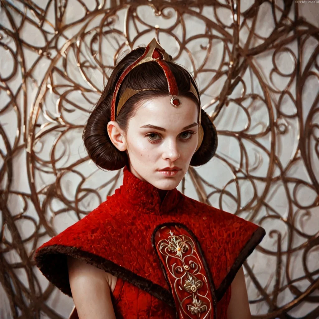 score_9, score_8_up, score_7_up, score_6_up, Padmé Amidala, Red dress, brown hair, ponytail