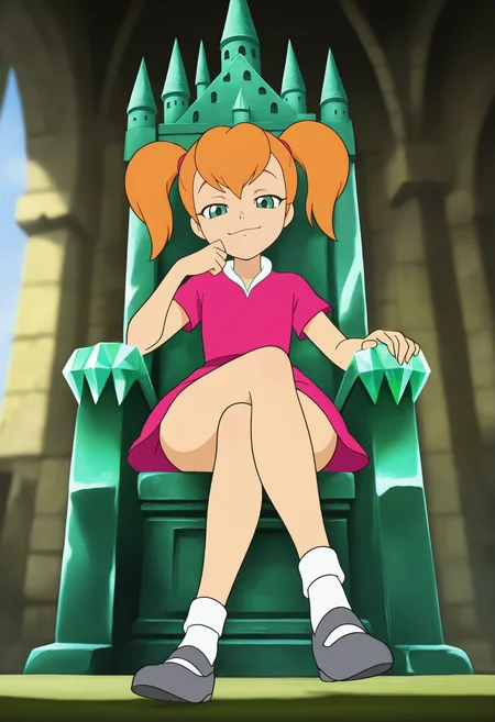 highres, perfect anatomy, anime style, anime screenshot, masterpiece, best quality, dolly, 1girl, flat chest, green eyes, orange hair, twintails, pink dress, white socks, grey mary janes, looking at viewer, smug, wide hips, perfect body, <lora:dolly:0.9>, indoors, castle, emerald castle, depth of field, sitting on throne, crossed legs, emerald throne, green crystal throne, from below, straight-on, full body