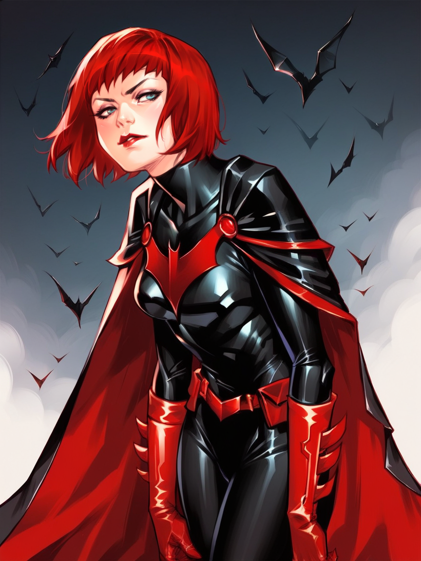 score_9, score_8_up, score_7_up, score_6_up, score_5_up,  <lora:B4twomanXLP:1> b4twoman, 1girl, solo, red hair, gloves, short hair, cape, bodysuit