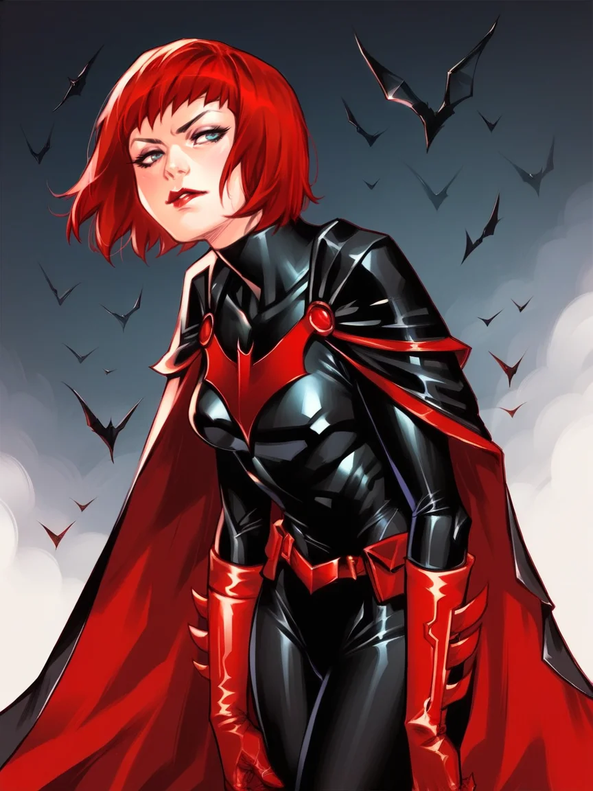 score_9, score_8_up, score_7_up, score_6_up, score_5_up,  <lora:B4twomanXLP:1> b4twoman, 1girl, solo, red hair, gloves, short hair, cape, bodysuit