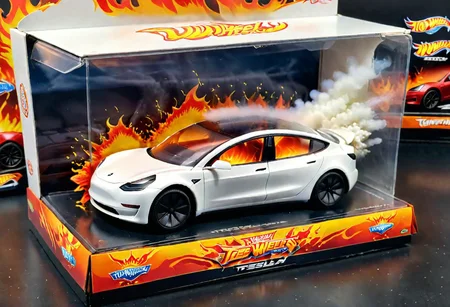 Hot Wheels toy car company have made a toy car version of a Tesla Model 3, The toy telsa model 3 car comes in a mini display unit/box. The car is exploding into fire and flames, white smoke fills the top of the display box, (realistic explosion from car), (realistic Flames bellow from the car windows inside the display unit), (standing next to the car is a little palstic toy man, he holds both arms in the air,