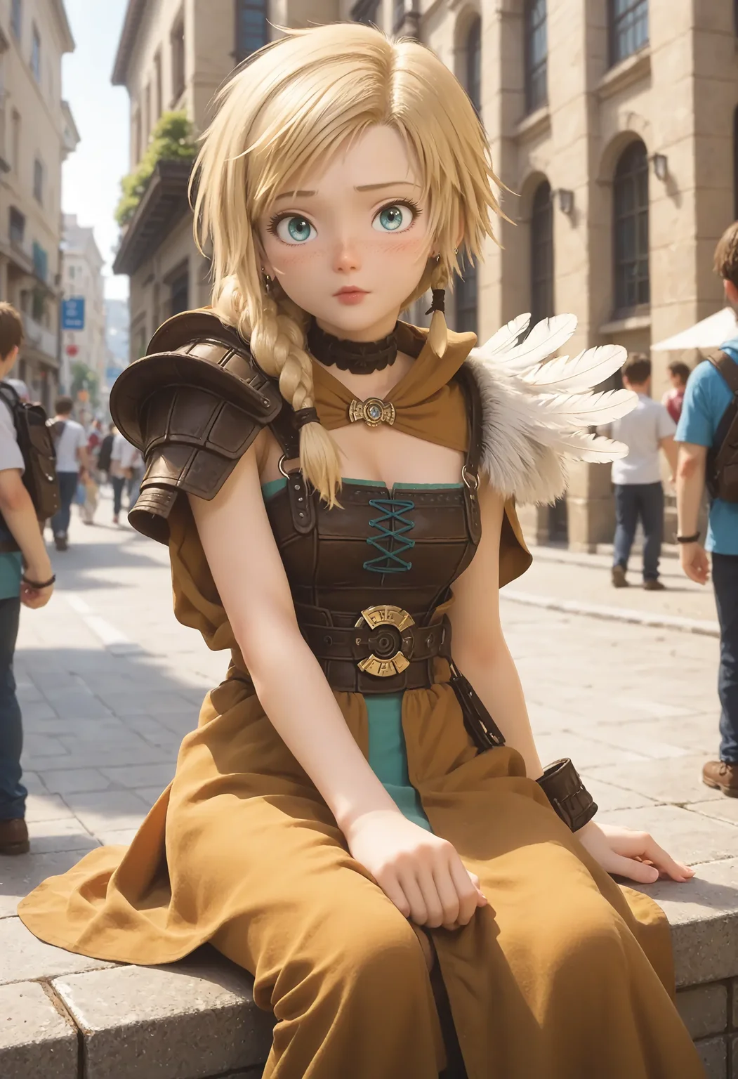 <lora:Hyper-SDXL-8steps-lora:1> <lora:Fixhands_anime_bdsqlsz_V1:1> zPDXL2, score_9, score_8_up, score_7_up, masterpiece, best quality, absurdres, high resolution, 8k, official art, official style, source_anime, uncensored, anime screencap, anime coloring, megami magazine, (ai-generated:0.6),
1girl, DQYS-bianca, blonde hair, short hair, braid, blue eyes, earrings, brown choker, armored dress, dress, skirt, armlet, boots,
having coffee, sitting, looking at viewer, Guilty, Downcast eyes, slumped shoulders, and a slightly ashamed expression., outdoors, city, audience, crowd, solo, solo focus,
<lora:DQYS-bianca_XL(pony)v10:1>