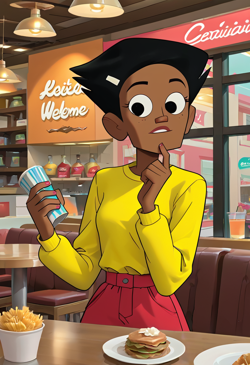 <lora:TwelveForever_Esther_Pony:0.7>, esther \(endless\), hand up, :i, esther, twelve forever, 1girl, solo, dark skin, short hair, black hair, black eyes, restaurant, masterpiece, best quality, score_9, score_8_up, score_7_up