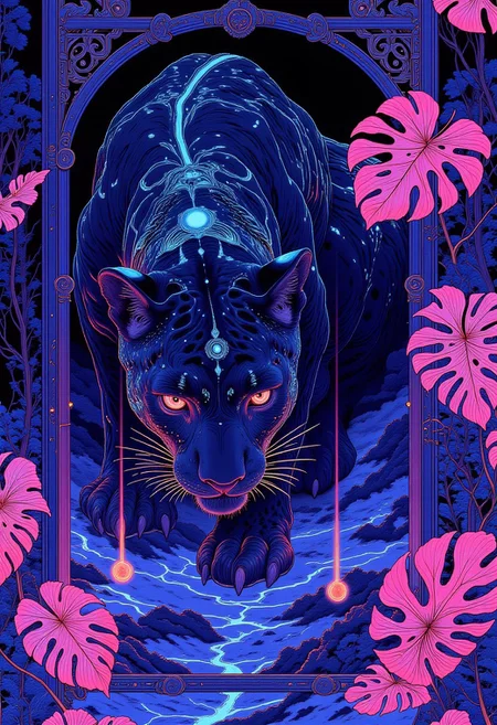 (digital illustration artwork) A majestic leopard in a stylized, surrealistic art style crouches low in a poised stance, its body angled slightly to the left. Its fur is a sleek, midnight blue adorned with intricate glowing cyan rosettes, meticulously detailed to highlight the texture and pattern of its coat. The animal's piercing neon violet eyes lock onto the viewer, exuding both strength and mystery. Surrounding the leopard are large, glowing magenta monstera leaves, symmetrically arranged to frame the composition. Some leaves extend upward, while others cascade downward, creating a luminous, dreamlike atmosphere that enhances the leopard's regal presence. The background is a radiant electric blue, pulsating with subtle glowing gradients that shift in intensity, creating a mesmerizing contrast against the vibrant neon elements. The interplay of colors and textures evokes a surreal yet powerful mood, emphasizing the leopard's majestic elegance within an ethereal, otherworldly setting.
