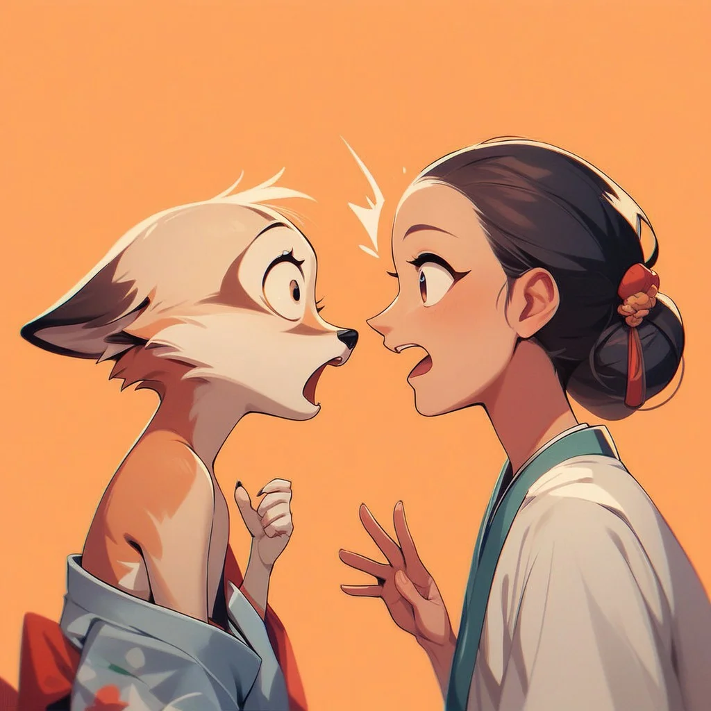 aaAR7fd, score_9,score_8_up,score_7_up,score_6_up, (2 different characters:1.8), cute, (one human girl in kimono), perfect hand, (one animal fox), open mouth, surprised, orange background, (forehead touch), profile,