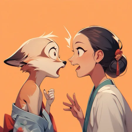 aaAR7fd, score_9,score_8_up,score_7_up,score_6_up, (2 different characters:1.8), cute, (one human girl in kimono), perfect hand, (one animal fox), open mouth, surprised, orange background, (forehead touch), profile,