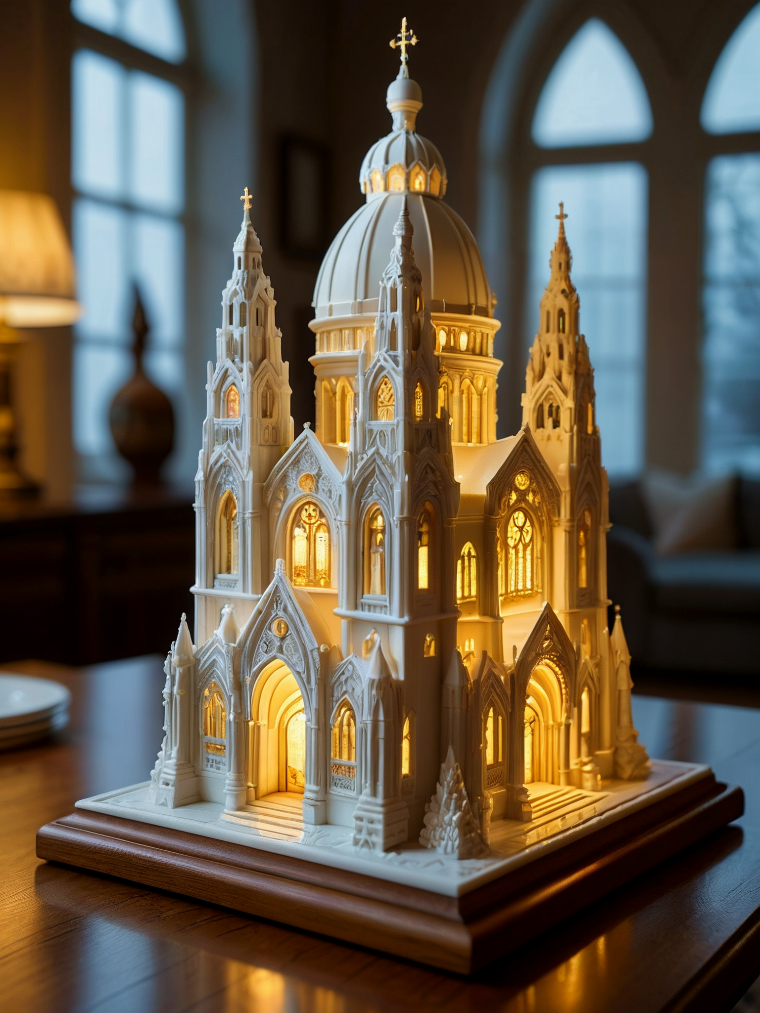 award winning photo, 

The magnificent craftsmanship of a miniature cathedral carved from a block of solid porcelain. It sits on a table in my living room. It glows from within. Night.
