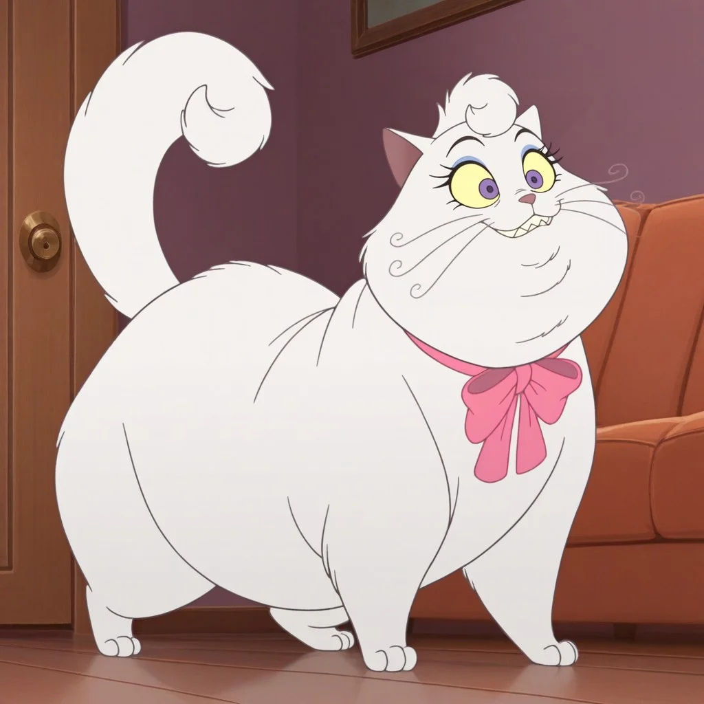 masterpiece, best quality, amazing quality, official style, p0mp0m, female, furry female, feral, solo, cat, short hair, white fur, blue eyelids, eyelashes, yellow sclera, purple eyes, pink nose, whiskers, sharp teeth, busy tail, paw pads, obese, pink bow, standing, smile, indoors, living room