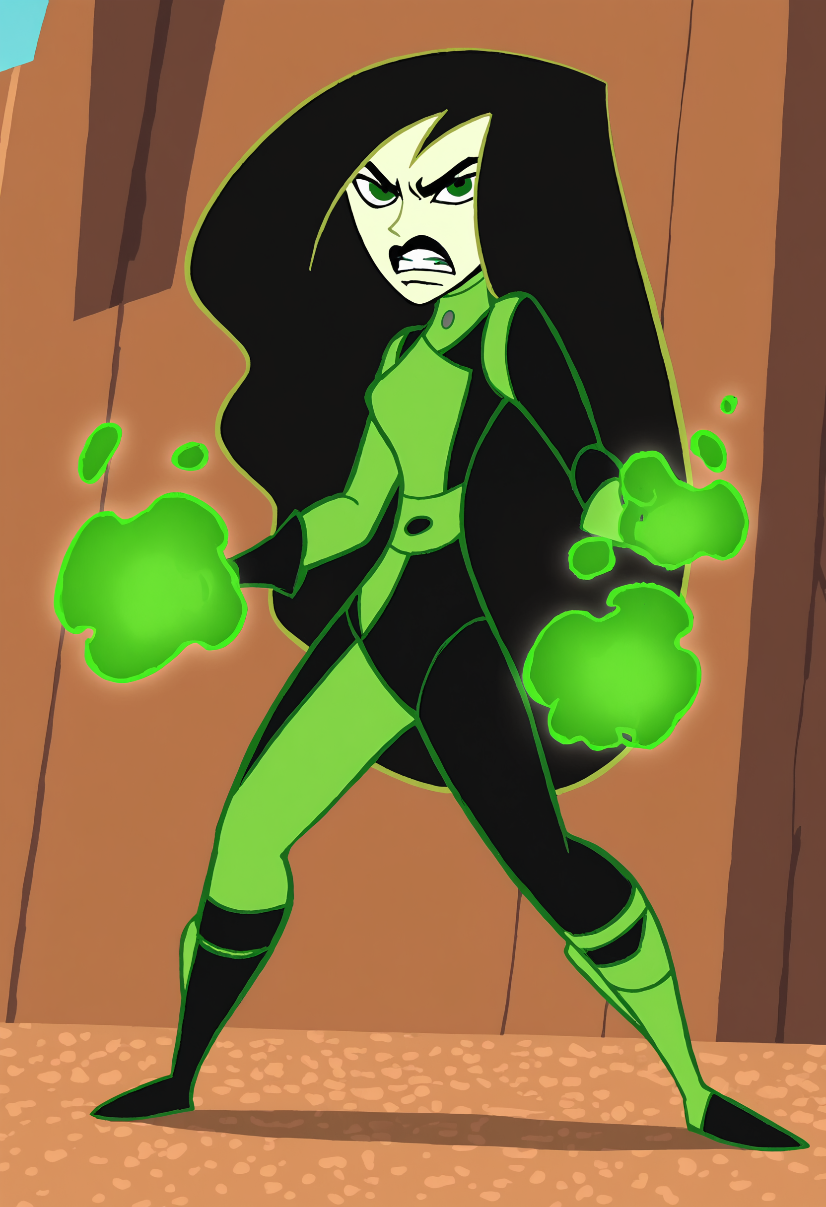 <lora:ShegoPony1.0:1>shego, 1girl, solo, long hair, black lips, black hair, green eyes, green bodysuit, green gloves, very long hair,angry, looking at viewer,boots,full body,flaming hand, score_9, score_8_up, score_7_up, score_6_up, score_5_up, score_4_up