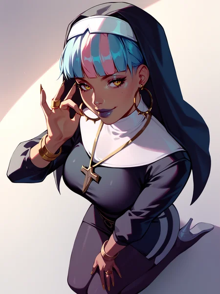 score_9, score_8_up, score_7_up, BREAK, Qiyana True Damage, 1girl, solo, single hair bun, blue and pink hair, multicolored hair, nun clothes, Religious habit, shy smile, looking away, sitting on her legs, kneeling, hands folded in a prayer gesture <lora:QiyanaTD:1>