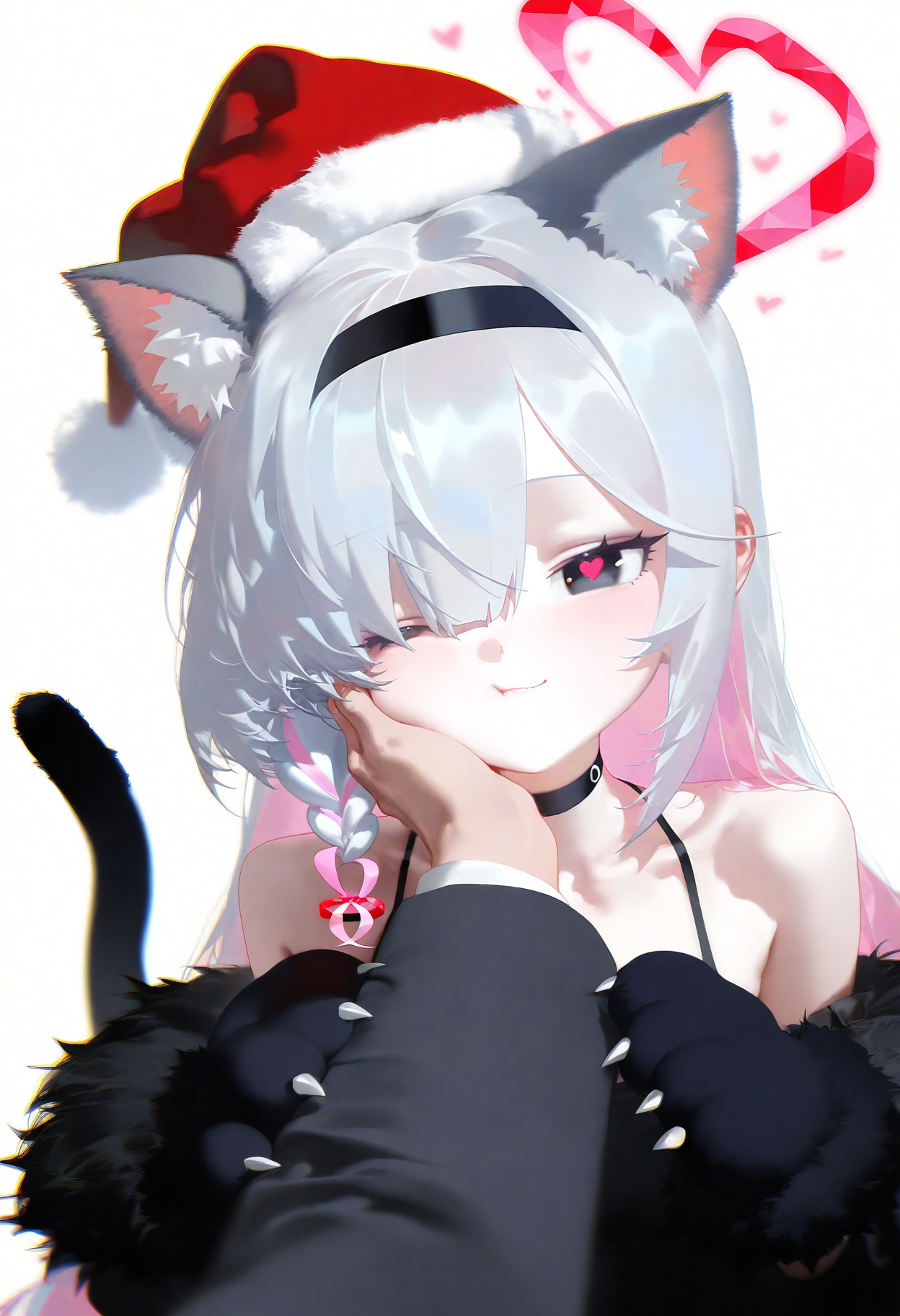 nyalia,
1girl, animal hands, plana \(blue archive\), black dress, heart, halo, pov hands, black eyes, paw gloves, santa hat, red hat, pov, gloves, black hairband, long hair, cheek squash, hand on another's face, red halo, (heart-shaped halo:1.1), cat paws, hand on another's cheek, black choker, fur trim, hairband, symbol-shaped pupils, one eye closed, colored inner hair, braid, hair over one eye, multicolored hair, choker, looking at viewer, single braid, solo focus, pink hair, white background, white hair, simple background, heart-shaped pupils, blush, red pupils, 1boy, upper body, closed mouth, bare shoulders, pink pupils, pink halo, tail, cheek press, cat tail, off shoulder, black gloves, 1other, two-tone hair, alternate costume, smile, animal ear fluff, sensei \(blue archive\), black coat, grey hair, long sleeves,
, masterpiece, best quality, good quality,
<lora:ai_styles_collection_noob_v29_v5:1>