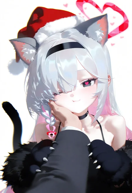 nyalia,
1girl, animal hands, plana \(blue archive\), black dress, heart, halo, pov hands, black eyes, paw gloves, santa hat, red hat, pov, gloves, black hairband, long hair, cheek squash, hand on another's face, red halo, (heart-shaped halo:1.1), cat paws, hand on another's cheek, black choker, fur trim, hairband, symbol-shaped pupils, one eye closed, colored inner hair, braid, hair over one eye, multicolored hair, choker, looking at viewer, single braid, solo focus, pink hair, white background, white hair, simple background, heart-shaped pupils, blush, red pupils, 1boy, upper body, closed mouth, bare shoulders, pink pupils, pink halo, tail, cheek press, cat tail, off shoulder, black gloves, 1other, two-tone hair, alternate costume, smile, animal ear fluff, sensei \(blue archive\), black coat, grey hair, long sleeves,
, masterpiece, best quality, good quality,
<lora:ai_styles_collection_noob_v29_v5:1>