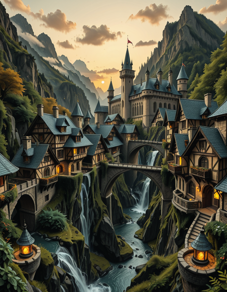 A breathtaking medieval fantasy city nestled in a lush valley, surrounded by towering mountains and dense forests. A grand castle with multiple towers and turrets stands atop a hill, overlooking the town below. The city consists of charming half-timbered houses with glowing windows, perched on rocky cliffs and connected by stone bridges over cascading waterfalls. The river flows through the village, reflecting the warm golden lights of lanterns and torches. Ivy and moss grow over the stone walls, adding to the enchanted, ancient atmosphere. The background features misty mountains with additional fortresses and watchtowers, partially hidden by low-hanging clouds. The sky is illuminated by a soft, warm sunset, casting a golden glow on the scenery, creating a perfect blend of realism and fantasy. Highly detailed, cinematic, and immersive, with a magical, fairy-tale ambiance.
<lora:SDXLFaeTastic2400:0.4> <lora:extremely_detailed:0.4> extremely detailed, ,medieval f4nt4sy c1ty <lora:medieval_f4nt4sy_c1ty-i:1>, Masterpiece,best quality,hi res,8k,hi res,8k,award winning,(sharp focus, intricate, highly detailed),
