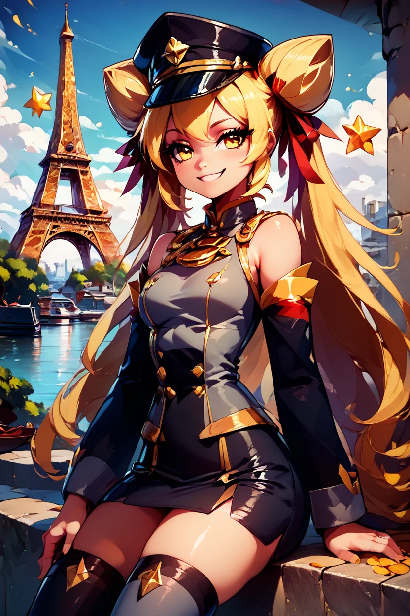 score_9, score_8_up, score_8, medium breasts, (curvy), cute, eyelashes, BREAK, , zzGiratanya, yellow eyes, long hair, blonde hair, twintails, cone hair bun, double bun, hair bun, black military hat, grey military uniform, black skirt, thighhighs, long sleeves, ribbon, bare shoulders, hair ribbon, detached sleeves, hand on hip, smile, smug, <lora:Giratanya_CitronOC_PDXL_v2:0.8>,, BREAK, zzEiffelTower in background, sitting, watercraft, boat, sitting on wall, side view, looking at viewer, smile, ,,, BREAK, blooming stars, luminescent petals, otherworldly fragrance blurry background, ,,, embedding:zPDXL, Expressiveh, ,,, <lora:EiffelTowerPDXL:0.8>, <lora:CatalystStylePDXL:0.6>, <lora:SDXLFaeTastic2400:0.5>, <lora:Expressive_H-000001:0.4>,