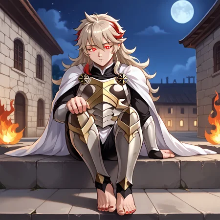 masterpiece, best quality, sharp aliasing, highly detailed, 1male, male body, male,EPfeCorrin, white cape with flames, armour, black gloves, black pants, wearing pants, outdoors, stone tiled ground, buildings, night, barefoot, toeless legwear, armoured legwear, shin armour, leg armour, leg and shin amour, stirrup legwear, black stirrups, 5 toes, Quality, High Definition, Full body view, solo, rengoku kyojuro, forked eyebrowns, long hair, two-etone hair, multicolored hair, red eyes, sword, red toenails, dirty feet, glowing eyes, sitting on ledge, feet, focus, sleeping, snoring