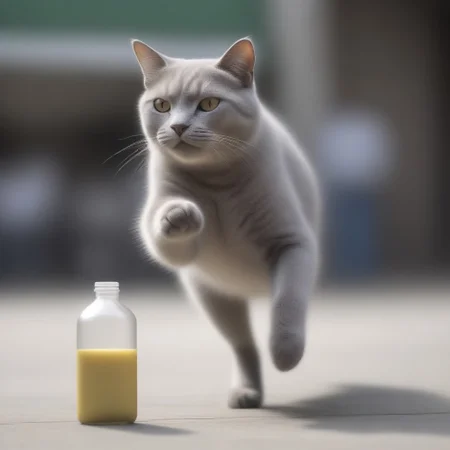 blur speed, active scene, At a street milk market, a gray cat (running pose) holds a bottle saying BUZZ in his upper paws, runs quickly and laugs, A milk seller in white runs after him and shouts loudly, threatening him with his fist.