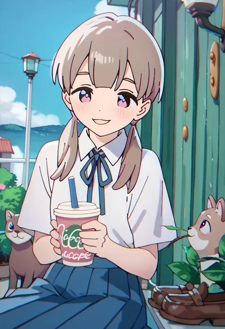 score_9, score_8_up, score_7_up BREAK MCafeGirl, 1girl, light brown hair with pink accents, pigtails, purple eyes, short-sleeve white shirt, blue ribbon tie, pleated blue skirt, white knee high socks, brown mary jane shoes, full body, happy, drinking purple coffee,