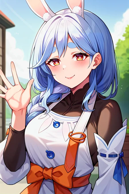 score_9, score_8_up, score_7_up, score_6_up, score_5_up, score_4_up, rating_questionable, , source_anime, digital illustration, pixiv, fanbox, uncensored, , BREAK, official art,
1girl, solo, mature female, pekomama, blue white hair, thick eyebrows, bunny-shaped pupils, rabbit ears, single braid, hair over shoulder,
white dress, apron, orange bow, black body suit, upper body, outdoors, one hand up, close up, waving, light smile, blush, looking at viewer, cowboy shot, <lora:Pekomama_Pony-09:0.9>