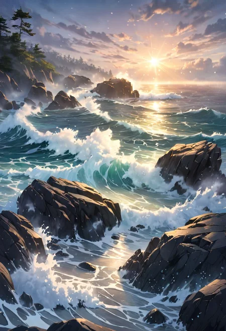 beautiful scene of the ocean, crashing waves on rocks, foggy morning, water droplets visable, glowing streams of magic