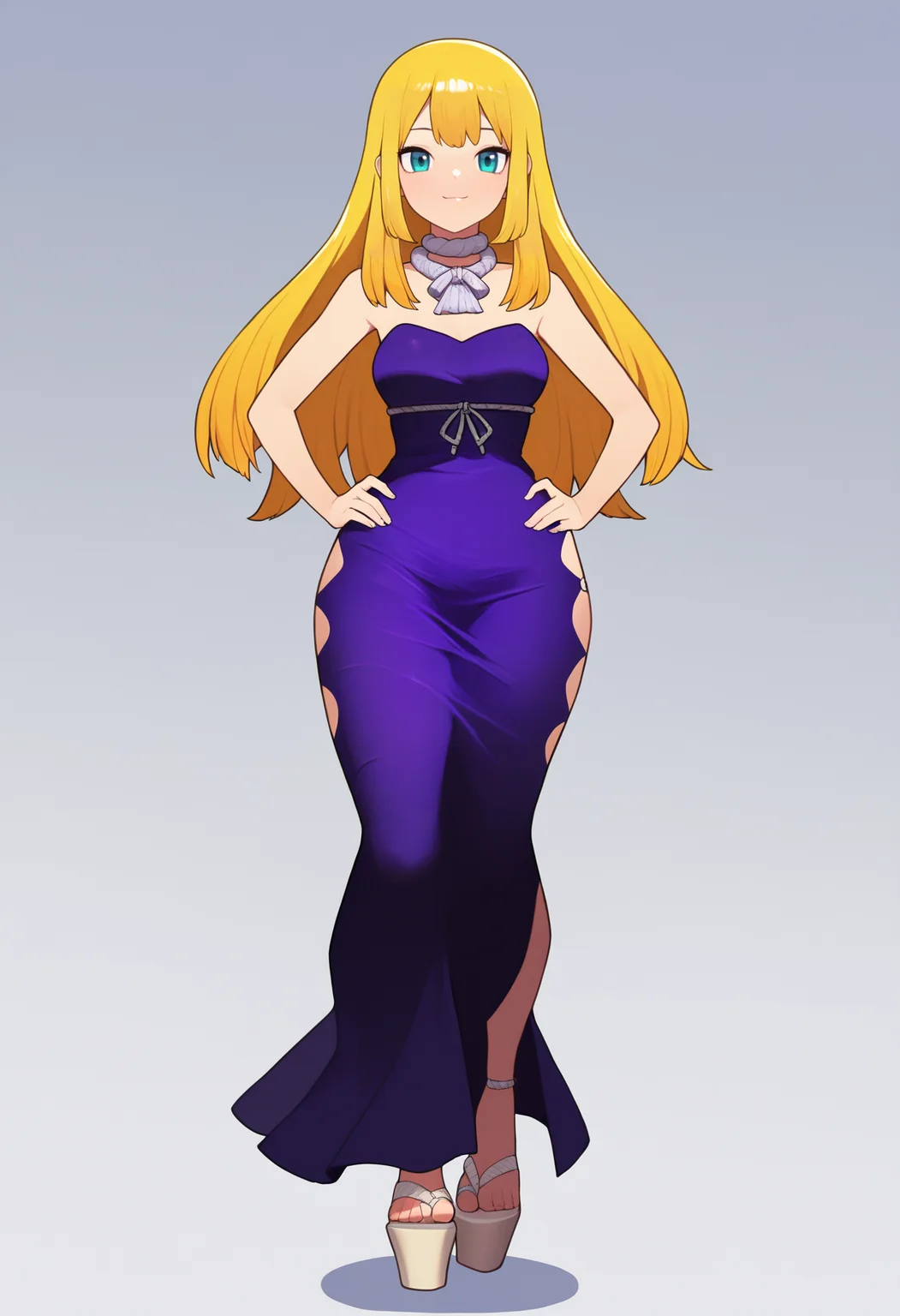 masterpiece, best quality, very aesthetic, absurdres,
1girl, ruri, blonde hair, long hair, aqua eyes,
purple dress, bare shoulders, strapless, platform footwear, sandals,
full body, standing, hands on hips,
smile, solo, looking at viewer, simple background, white background, <lora:RuriNoobXL_byKonan:1>