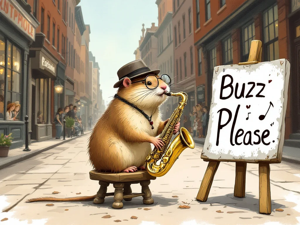 a little gopher stands on a stool and plays the saxophone in the middle of the street, and there's a sign next to the stool that says buzz please.