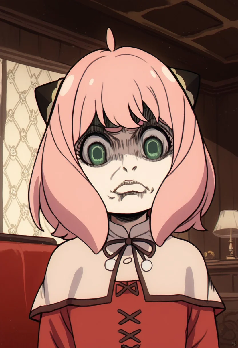 ( score_9, score_8_up), score_7_up, score_6_up, best quality, sfw, living room, bunny suit, leotard,
1girl, anya forger, anya (spy x family), bangs, green eyes, pink hair, ahoge, hairpods,gloves, long sleeves, ribbon, brown gloves, capelet, robe,vivid colors,solo,YelenaFacePrdy, shaded face, closed mouth,