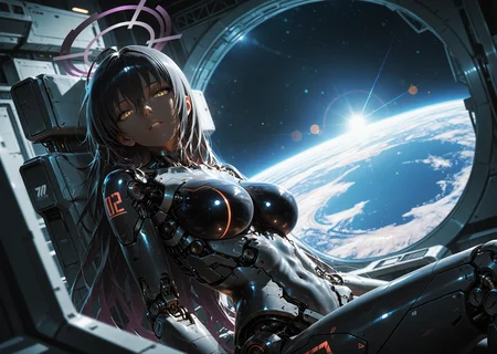 cyborg 1girl, angular, science fiction, futuristic, scenery, (karin \(blue archive\):1.0), sitting in space station, parted lips, mechanical torso, looking at viewer, black hair, yellow eyes, hair between eyes, dark skin, long hair, purple halo, creative angle, head tilt, (dutch angle, dynamic pose:0.9) BREAK masterpiece, best quality, absurdres, HDR, 8K, high contrast, film grain, cinematic lighting, realistic, depth of field, bokeh, neon trim, newest, aidmafluxpro1.1 <lora:- iLL - the_edgy_mech_V3.0:0.4> <lora:aidmaFLuxPro1.1-IL-v0.3:0.2> <lora:Hyper Helmets SDXL v1.0:0.5> <lora:CyborgMechExosuit_v1.5:0.7> <lora:ck-Sci-Fi-Concepts-IL-000015:0.15>âââ