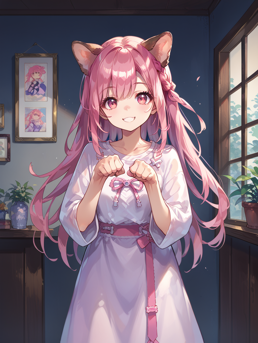 score_9, score_8_up, score_7_up,source_anime,
looking at viewer,indoors, 
tyrfing\\\(pok\\\),
1girl,pink hair, pink eyes, braid,long hair, 
paw pose, dog ears, 
smile,
 <lora:tr-000020:0.8>